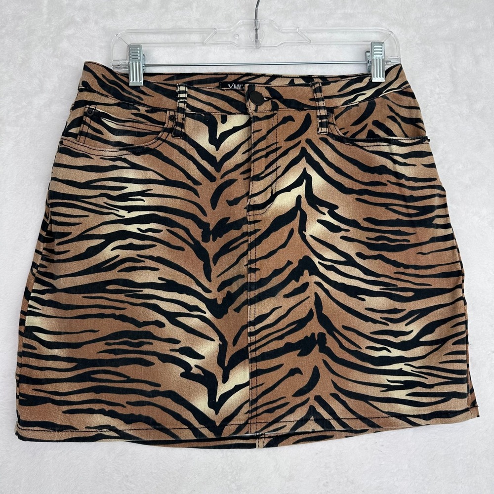 YMI Collections Women's Tiger Print Mini Skirt Size 9 29 Brown Black Denim